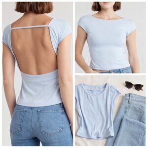 Open Back Baby Tee Baby Blue Top | Soft Girl Y2K Minimal Tee L NWT Low Back
